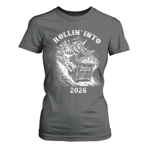 Funny Cowboy Raccoon Rollin Into 2026 T Shirt For Women New Year Dumpster Fire 2026 Rodeo TS11 Dark Heather Print Your Wear