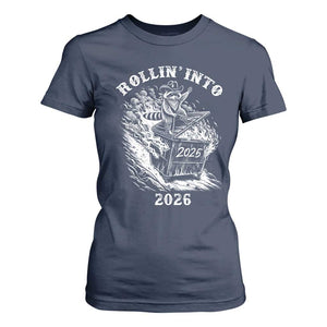Funny Cowboy Raccoon Rollin Into 2026 T Shirt For Women New Year Dumpster Fire 2026 Rodeo TS11 Navy Print Your Wear