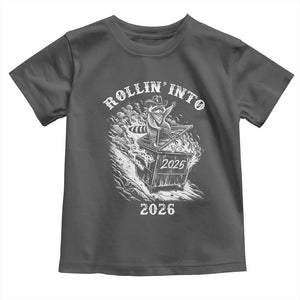 Funny Cowboy Raccoon Rollin Into 2026 Toddler T Shirt New Year Dumpster Fire 2026 Rodeo TS11 Dark Heather Print Your Wear