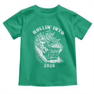 Funny Cowboy Raccoon Rollin Into 2026 Toddler T Shirt New Year Dumpster Fire 2026 Rodeo TS11 Irish Green Print Your Wear