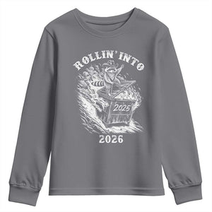 Funny Cowboy Raccoon Rollin Into 2026 Youth Sweatshirt New Year Dumpster Fire 2026 Rodeo TS11 Charcoal Print Your Wear