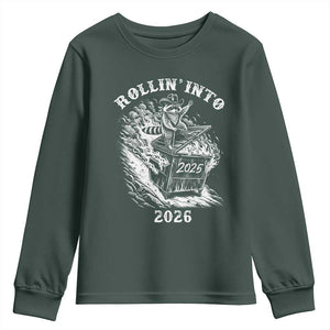 Funny Cowboy Raccoon Rollin Into 2026 Youth Sweatshirt New Year Dumpster Fire 2026 Rodeo TS11 Dark Forest Green Print Your Wear