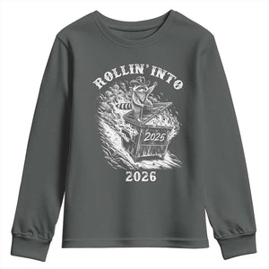 Funny Cowboy Raccoon Rollin Into 2026 Youth Sweatshirt New Year Dumpster Fire 2026 Rodeo TS11 Dark Heather Print Your Wear