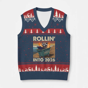 Funny Raccoon Rollin Into 2026 V-Neck Knit Sweater Vest New Year Dumpster Fire TS11 Navy Red Print Your Wear