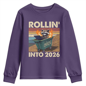 Funny Raccoon Rollin Into 2026 Youth Sweatshirt New Year Dumpster Fire TS11 Purple Print Your Wear