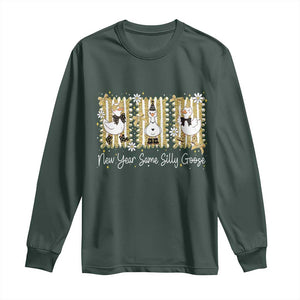 Funny New Year Same Silly Goose Long Sleeve Shirt New Year Eve Goose Squad Faux Glitter TS11 Dark Forest Green Print Your Wear