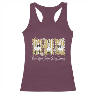 Funny New Year Same Silly Goose Racerback Tank Top New Year Eve Goose Squad Faux Glitter TS11 Maroon Print Your Wear