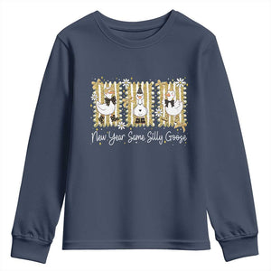 Funny New Year Same Silly Goose Youth Sweatshirt New Year Eve Goose Squad Faux Glitter TS11 Navy Print Your Wear