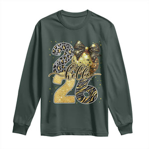 Happy New Year 2026 Long Sleeve Shirt Hello 2026 Disco Ball Coquette Bow Faux Glitter TS11 Dark Forest Green Print Your Wear