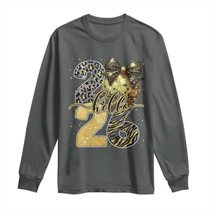 Happy New Year 2026 Long Sleeve Shirt Hello 2026 Disco Ball Coquette Bow Faux Glitter TS11 Dark Heather Print Your Wear
