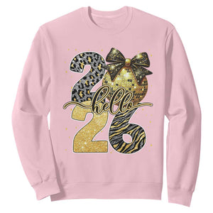 Happy New Year 2026 Sweatshirt Hello 2026 Disco Ball Coquette Bow Faux Glitter TS11 Light Pink Print Your Wear