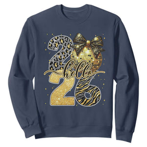 Happy New Year 2026 Sweatshirt Hello 2026 Disco Ball Coquette Bow Faux Glitter TS11 Navy Print Your Wear