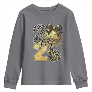 Happy New Year 2026 Youth Sweatshirt Hello 2026 Disco Ball Coquette Bow Faux Glitter TS11 Charcoal Print Your Wear