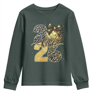 Happy New Year 2026 Youth Sweatshirt Hello 2026 Disco Ball Coquette Bow Faux Glitter TS11 Dark Forest Green Print Your Wear