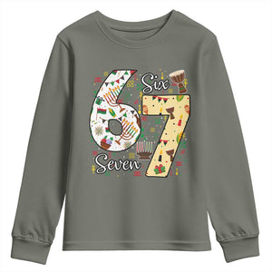 Funny 67 Kwanzaa Youth Sweatshirt Six Seven Meme Kinara Candles African American Christmas TS11 Military Green Print Your Wear