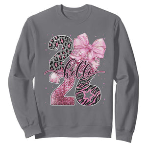 Happy New Year 2026 Sweatshirt Hello 2026 Disco Ball Pink Coquette Bow Faux Glitter TS11 Charcoal Print Your Wear
