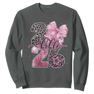 Happy New Year 2026 Sweatshirt Hello 2026 Disco Ball Pink Coquette Bow Faux Glitter TS11 Dark Heather Print Your Wear