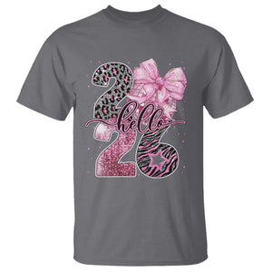 Happy New Year 2026 T Shirt Hello 2026 Disco Ball Pink Coquette Bow Faux Glitter TS11 Charcoal Print Your Wear