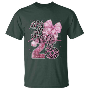 Happy New Year 2026 T Shirt Hello 2026 Disco Ball Pink Coquette Bow Faux Glitter TS11 Dark Forest Green Print Your Wear