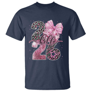 Happy New Year 2026 T Shirt Hello 2026 Disco Ball Pink Coquette Bow Faux Glitter TS11 Navy Print Your Wear