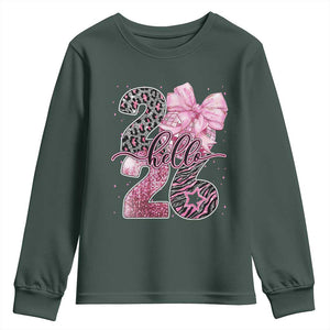 Happy New Year 2026 Youth Sweatshirt Hello 2026 Disco Ball Pink Coquette Bow Faux Glitter TS11 Dark Forest Green Print Your Wear