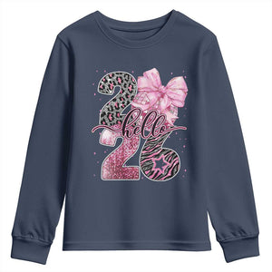 Happy New Year 2026 Youth Sweatshirt Hello 2026 Disco Ball Pink Coquette Bow Faux Glitter TS11 Navy Print Your Wear
