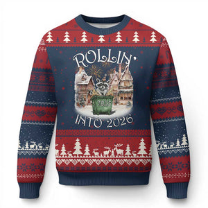 Funny Raccoon Rollin Into 2026 Ugly Christmas Sweater New Year Dumpster Fire Firework TS11 Navy Red Print Your Wear