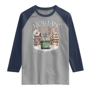 Funny Raccoon Rollin Into 2026 Raglan Shirt New Year Dumpster Fire Firework TS11 Sport Gray Navy Print Your Wear