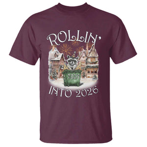 Funny Raccoon Rollin Into 2026 T Shirt New Year Dumpster Fire Firework TS11 Maroon Print Your Wear
