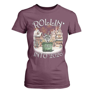 Funny Raccoon Rollin Into 2026 T Shirt For Women New Year Dumpster Fire Firework TS11 Maroon Print Your Wear