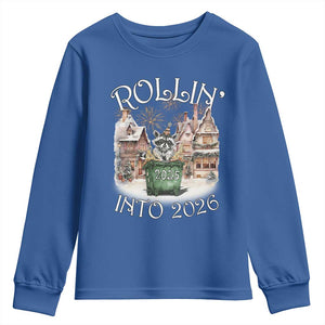 Funny Raccoon Rollin Into 2026 Youth Sweatshirt New Year Dumpster Fire Firework TS11 Royal Blue Print Your Wear