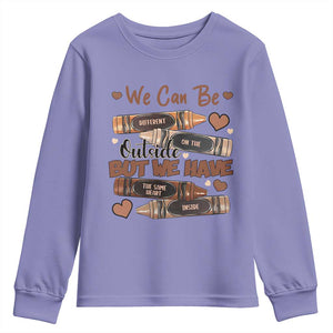 African American Teacher Youth Sweatshirt We Can Be Different On The Outside But We Have The Same Heart Inside Melanin Crayons TS11 Violet Print Your Wear