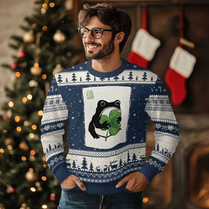 Funny Grumpy Frog Japanese St Patricks Day Ugly Christmas Sweater TS11 Navy Beige Print Your Wear
