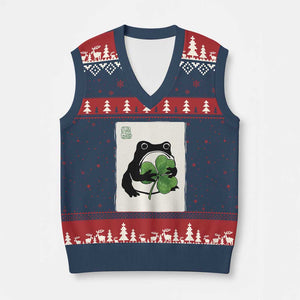 Funny Grumpy Frog Japanese St Patricks Day V-Neck Knit Sweater Vest TS11 Navy Red Print Your Wear