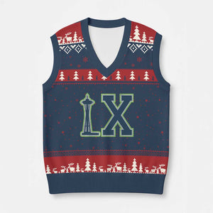 Seattle LX Game Day Washington Space Needle Sport Fan V-Neck Knit Sweater Vest TS11 Navy Red Print Your Wear