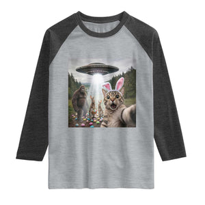 Funny Cat Selfie with Easter Bunny Bigfoot UFO Raglan Shirt TS11 Heather Gray Heather Charcoal Print Your Wear