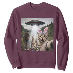 Funny Cat Selfie with Easter Bunny Bigfoot UFO Sweatshirt TS11 Maroon Print Your Wear