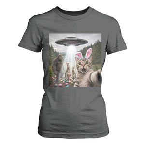 Funny Cat Selfie with Easter Bunny Bigfoot UFO T Shirt For Women TS11 Dark Heather Print Your Wear