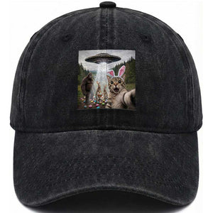 Funny Cat Selfie with Easter Bunny Bigfoot UFO Washed Cotton Baseball Cap TS11 Print Your Wear