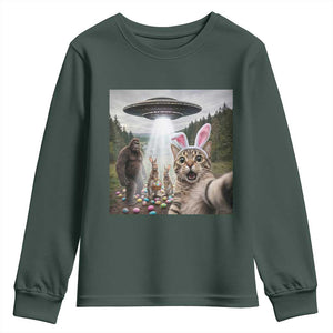Funny Cat Selfie with Easter Bunny Bigfoot UFO Youth Sweatshirt TS11 Dark Forest Green Print Your Wear