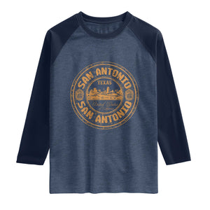 San Antonio Texas TX Vintage Souvenir Texan Pride Raglan Shirt TS11 Heather Denim Navy Print Your Wear