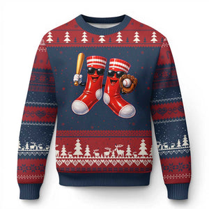 Funny Red Socks Playing Baseball Graphic Sport Game Day Ugly Christmas Sweater TS11 Navy Red Print Your Wear