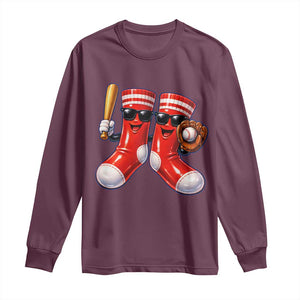 Funny Red Socks Playing Baseball Graphic Sport Game Day Long Sleeve Shirt TS11 Maroon Print Your Wear
