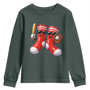 Funny Red Socks Playing Baseball Graphic Sport Game Day Youth Sweatshirt TS11 Dark Forest Green Print Your Wear