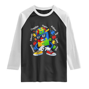 Funny 67 Autism Awareness Raglan Shirt Six Seven Puzzle Meme Creative Brilliant Hope Love Kindness TS11 Black White Print Your Wear