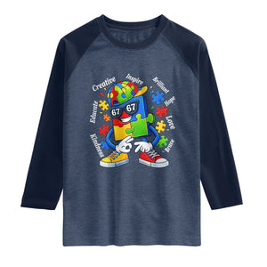 Funny 67 Autism Awareness Raglan Shirt Six Seven Puzzle Meme Creative Brilliant Hope Love Kindness TS11 Heather Denim Navy Print Your Wear