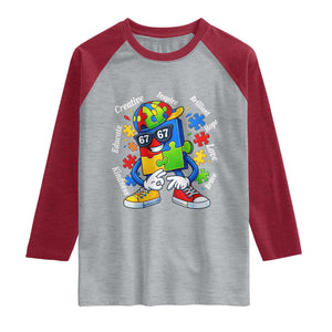 Funny 67 Autism Awareness Raglan Shirt Six Seven Puzzle Meme Creative Brilliant Hope Love Kindness TS11 Heather Gray Heather Red Print Your Wear