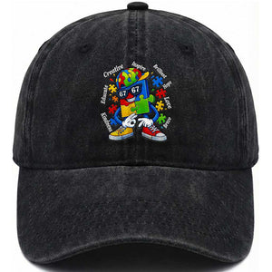 Funny 67 Autism Awareness Washed Cotton Baseball Cap Six Seven Puzzle Meme Creative Brilliant Hope Love Kindness TS11 Washed Cap Universal Fit Black Print Your Wear