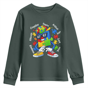 Funny 67 Autism Awareness Youth Sweatshirt Six Seven Puzzle Meme Creative Brilliant Hope Love Kindness TS11 Dark Forest Green Print Your Wear