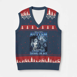 You Call It Autism I Call It Having That Dawg In Me V-Neck Knit Sweater Vest Funny Cringe Alpha Wolf TS11 Navy Red Print Your Wear